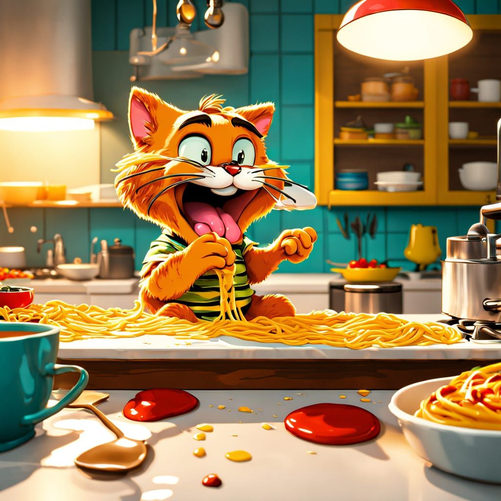 Vibrant Comic Strip Art of Garfield Enjoying Lasagna