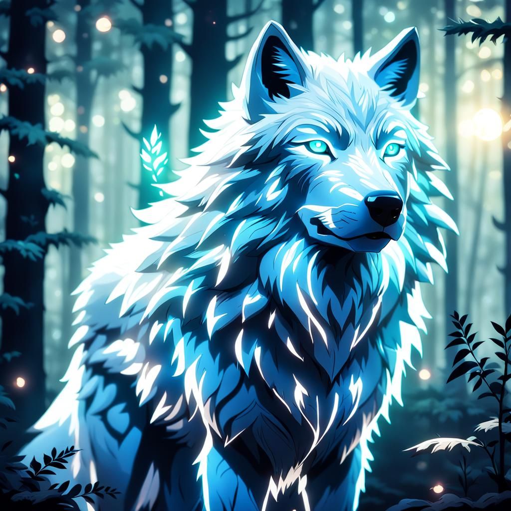 Glowing White Wolf in Misty Forest: 3D Anime Art