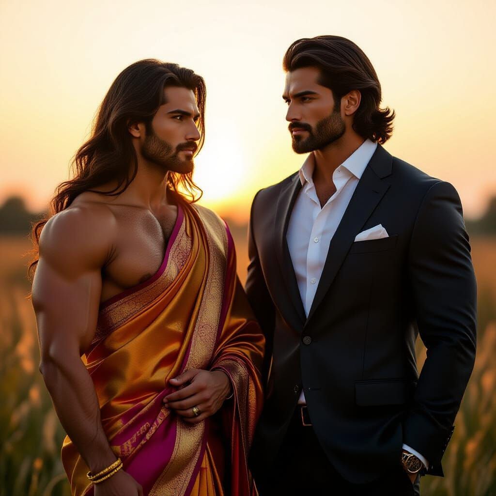 Muscular Men in Business Suit and Saree with Golden Hour Glo...