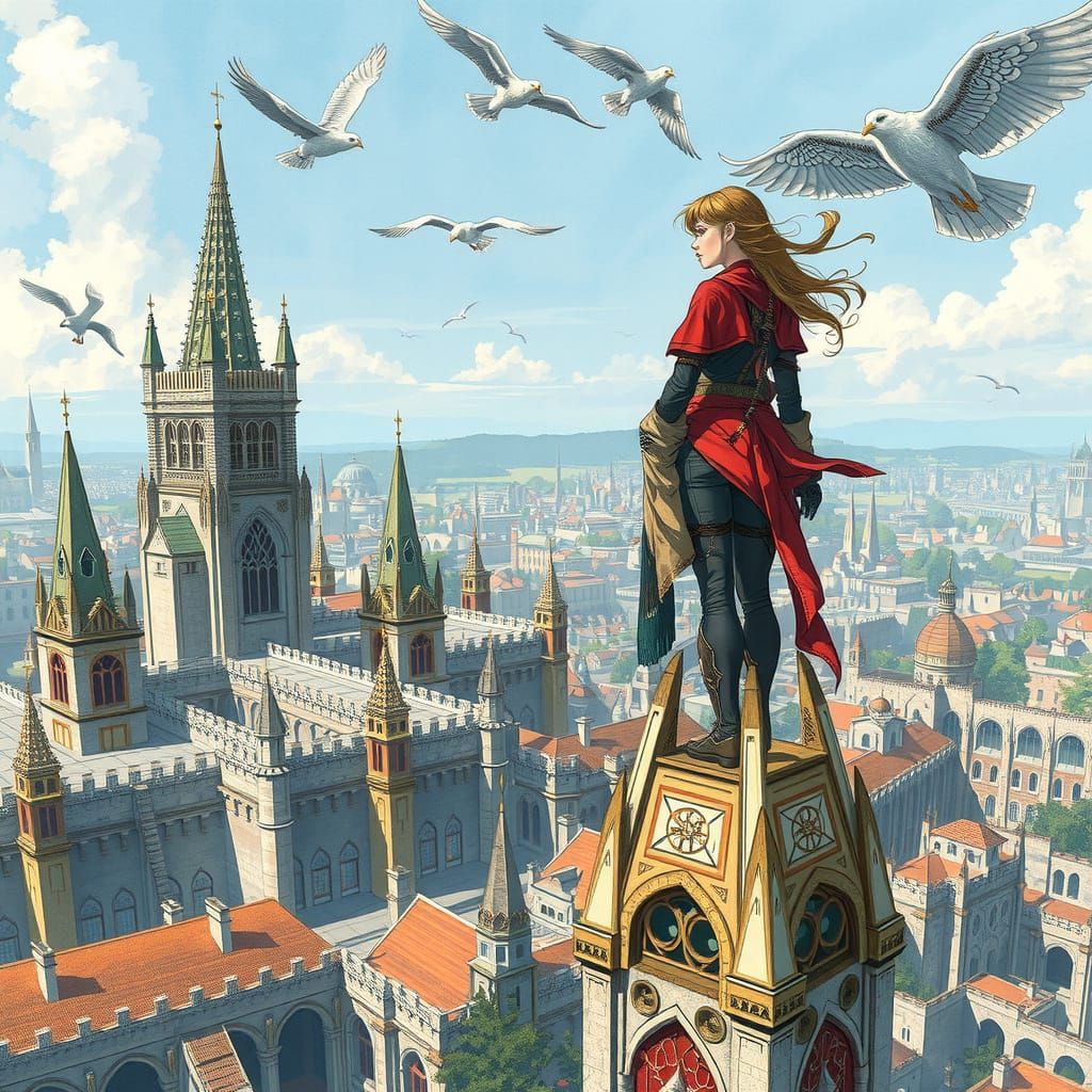 Fantasy Woman on Spire in Watercolor Style