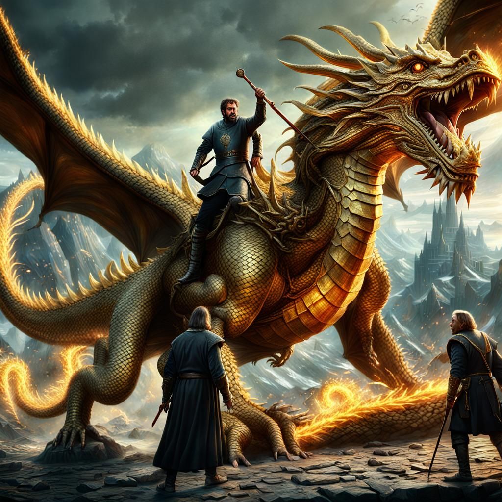Warrior Slaying Golden Dragon: Epic Digital Painting
