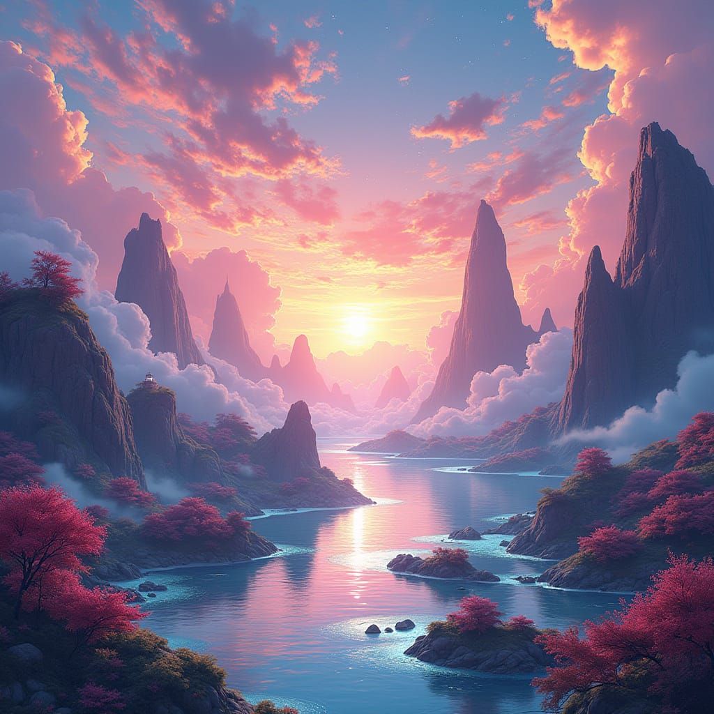 Ethereal Anime Landscape in Vibrant, Dynamic Style