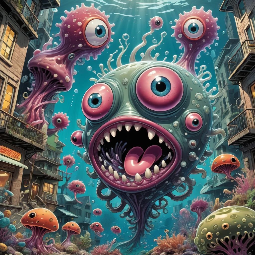 Cartoon Amoeba's Underwater Adventure in Comic Book Style