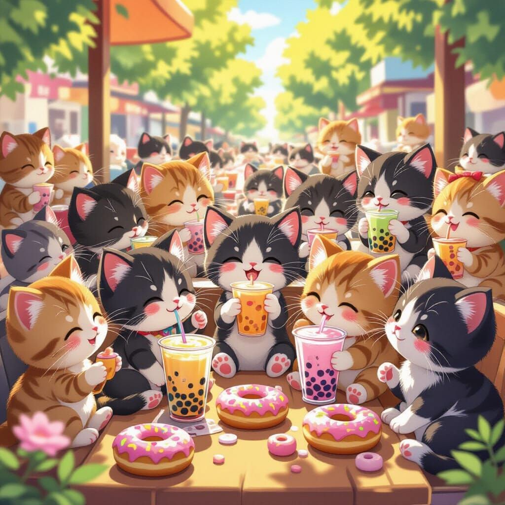 Adorable Kittens Enjoying Bubble Tea and Doughnuts in Anime ...