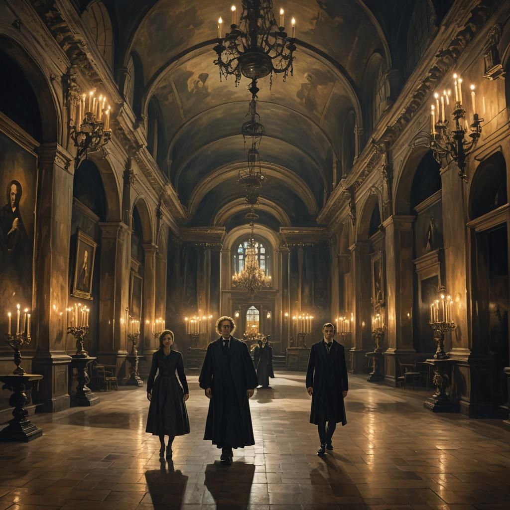 Dark Academia Grand Hall with Eerie Portraits