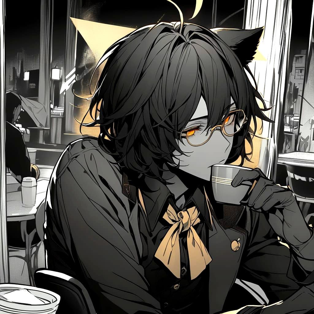 Bishounen with Fox Ears Drinking Coffee in Monochrome