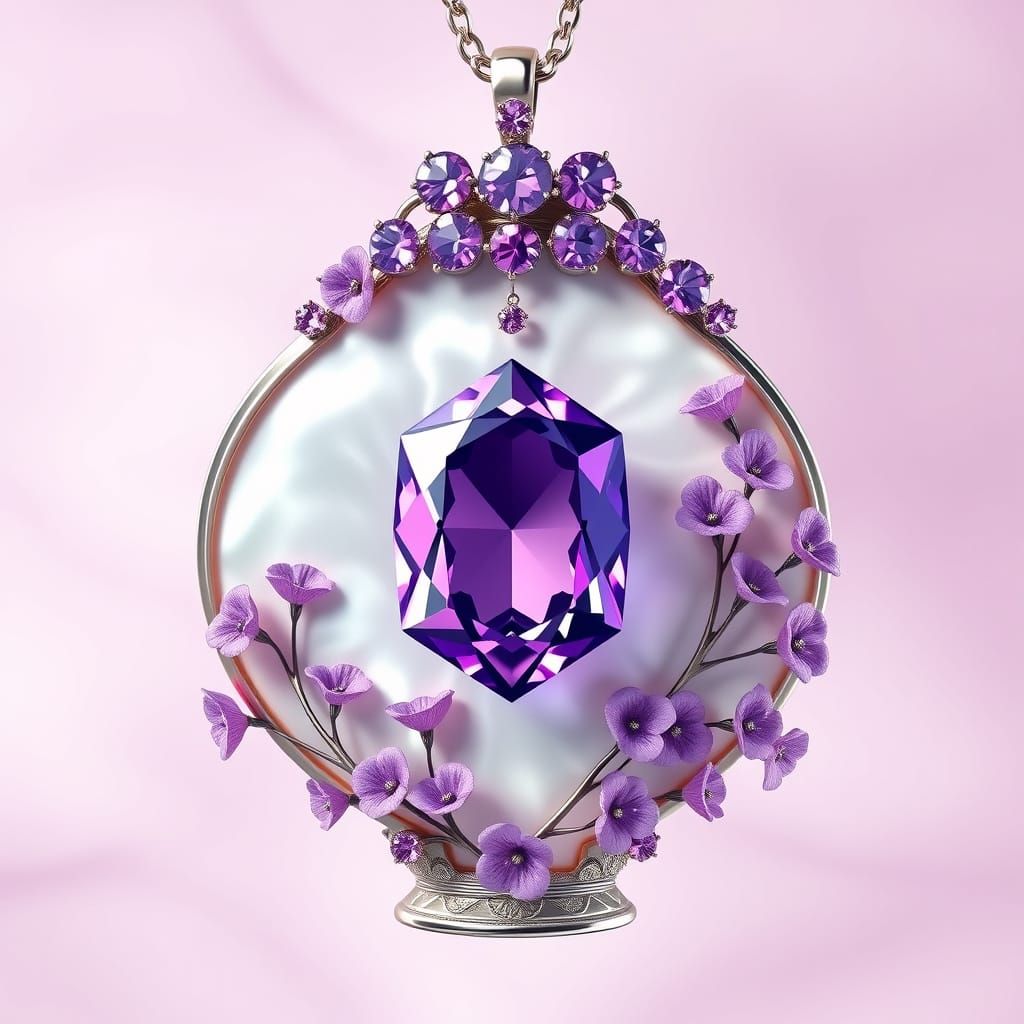 Luminous White Gold Flower Vase Pendant with Purple Amethyst...