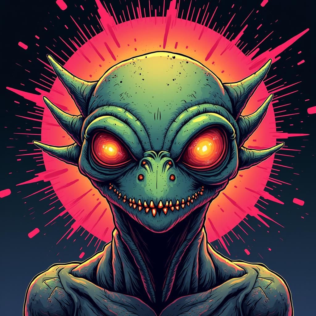Colorful Cartoon Alien Head in 80s Sci-Fi Style