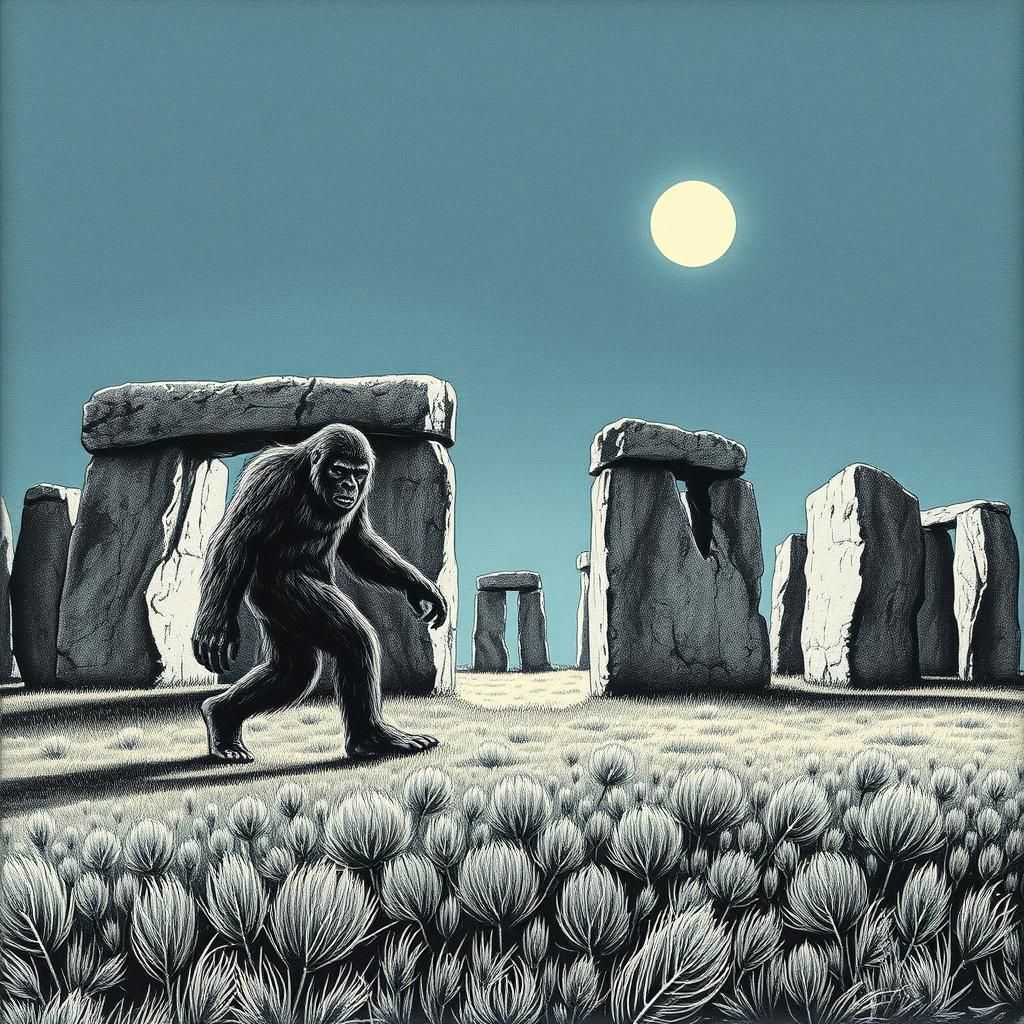 Bigfoot at Stonehenge in Scratchboard Ink Style