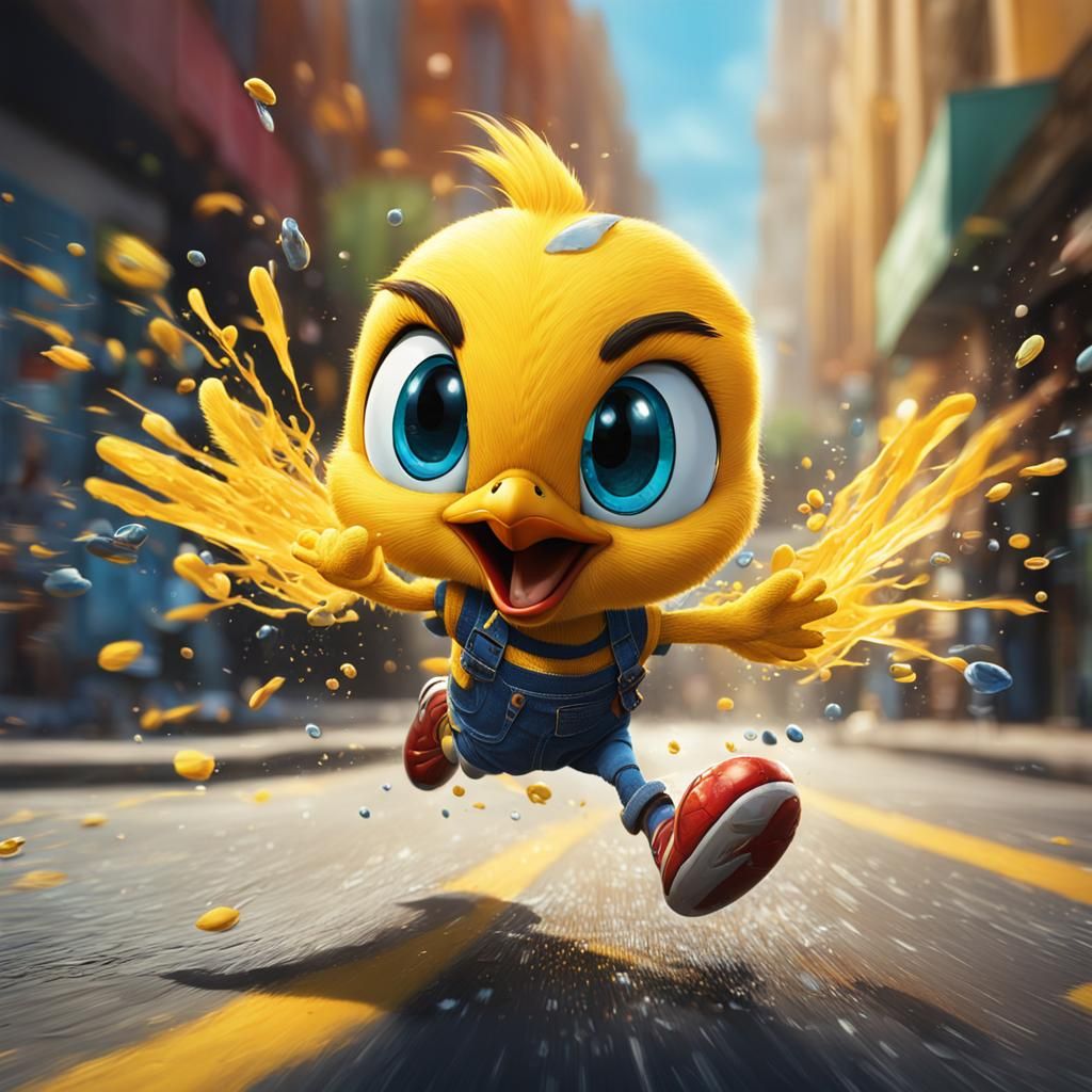 Hyperrealistic Tweety Running in the Street