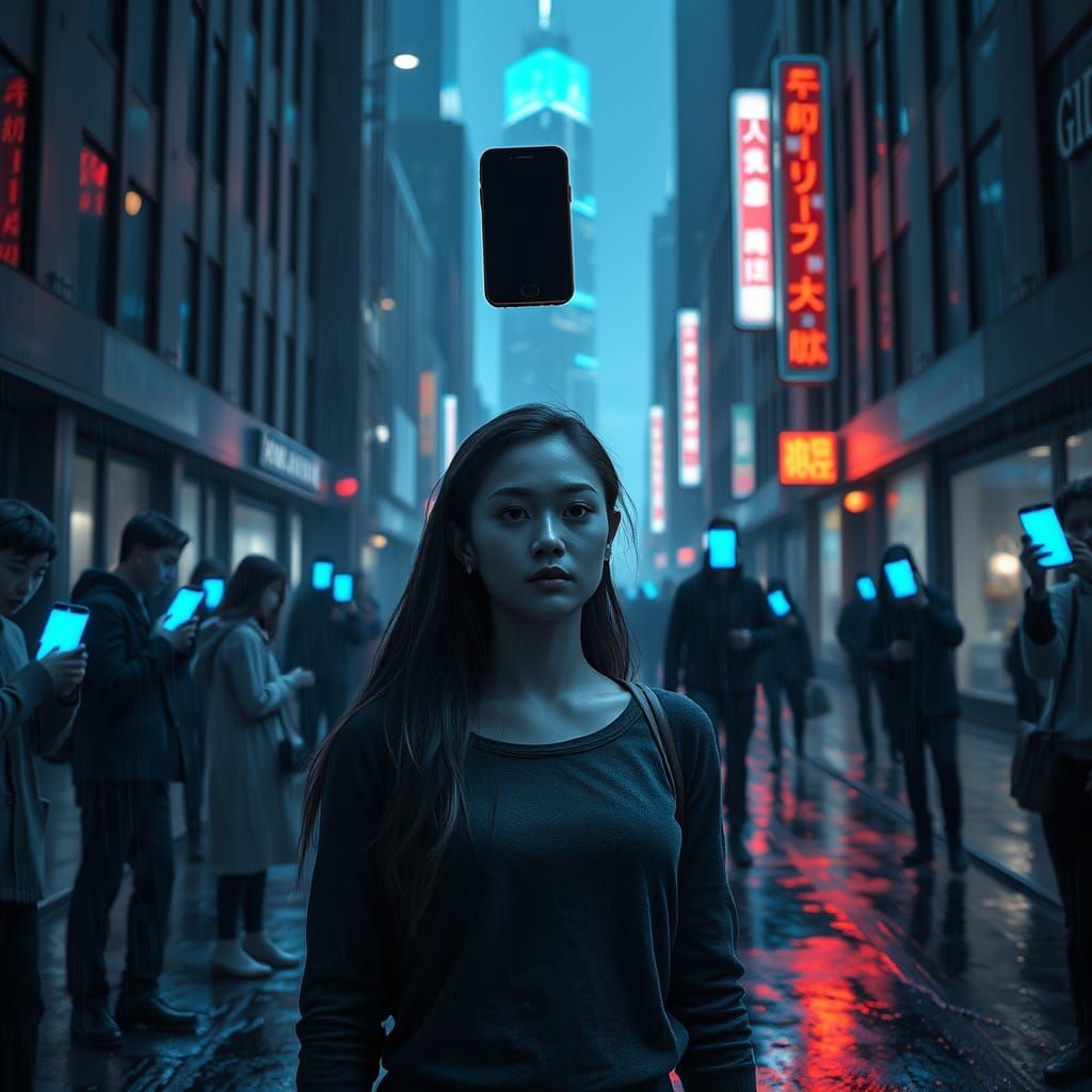 Humans Entranced by Cell Phones in Dystopian Cityscape