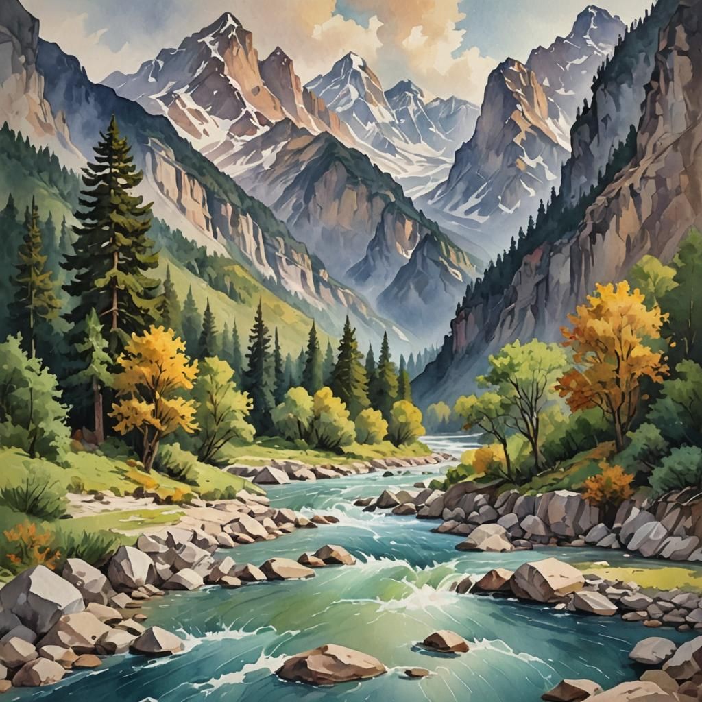 Impressionist Gouache Painting of Majestic Mountains and Riv...