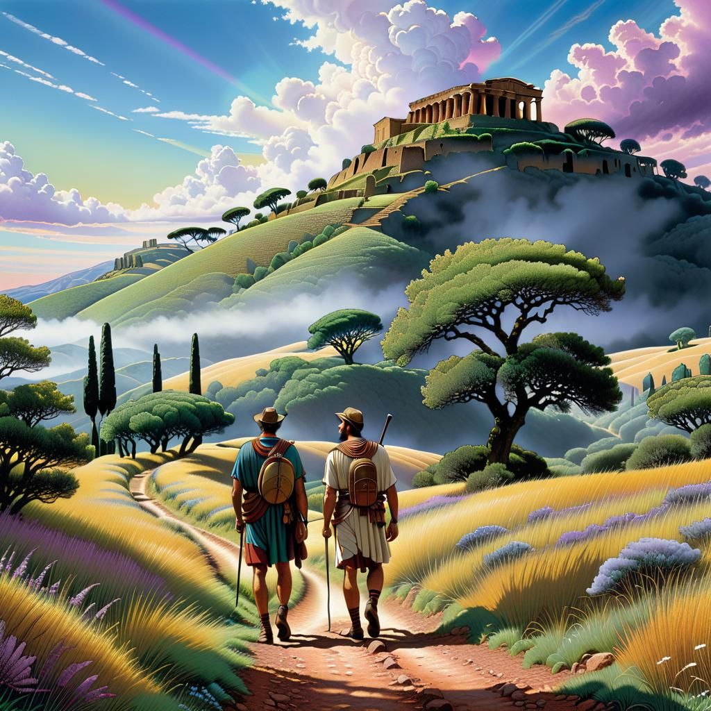 Etruscan Travelers in Dreamlike Landscape: Pen and Ink