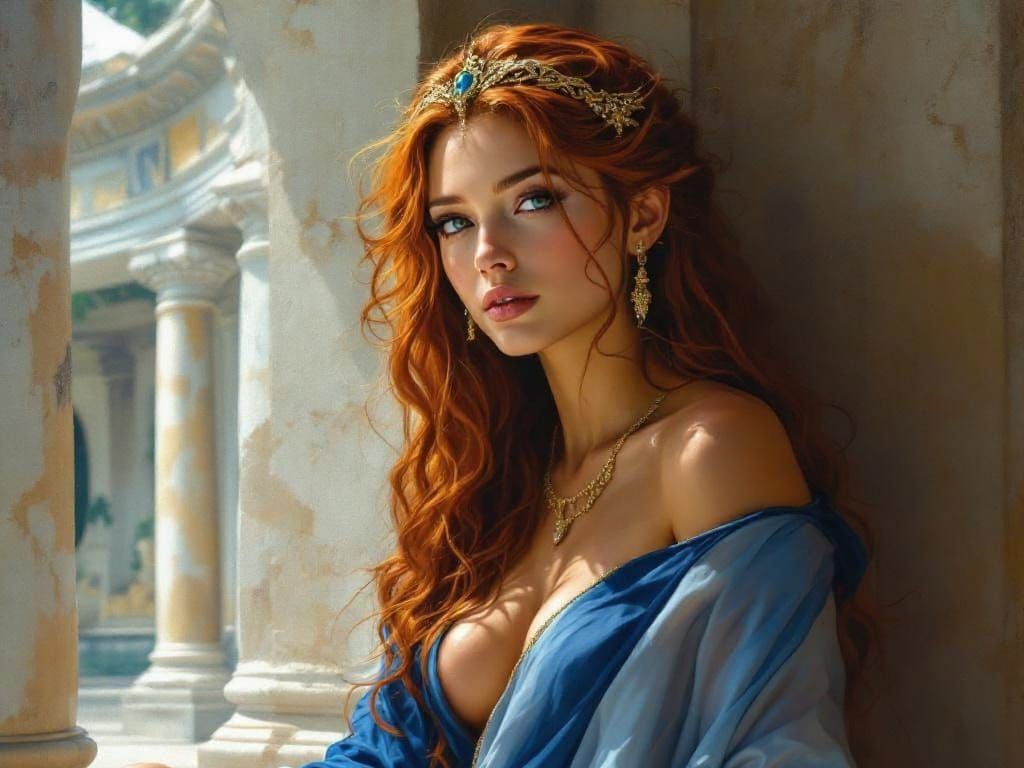 Statuesque Elf in Ancient Temple, Oil Painting