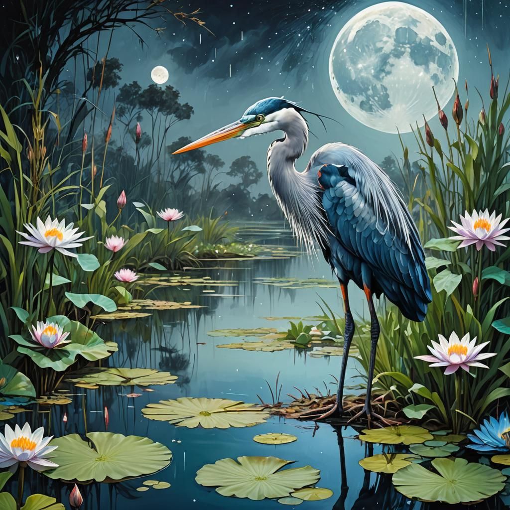 Blue Heron in Apocalyptic Moonlit Scene