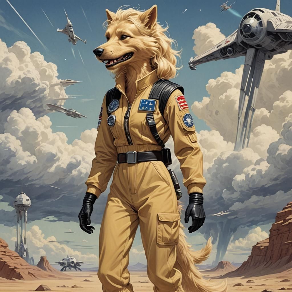 Canine Star Wars Pilot in 1940s Illustration Style