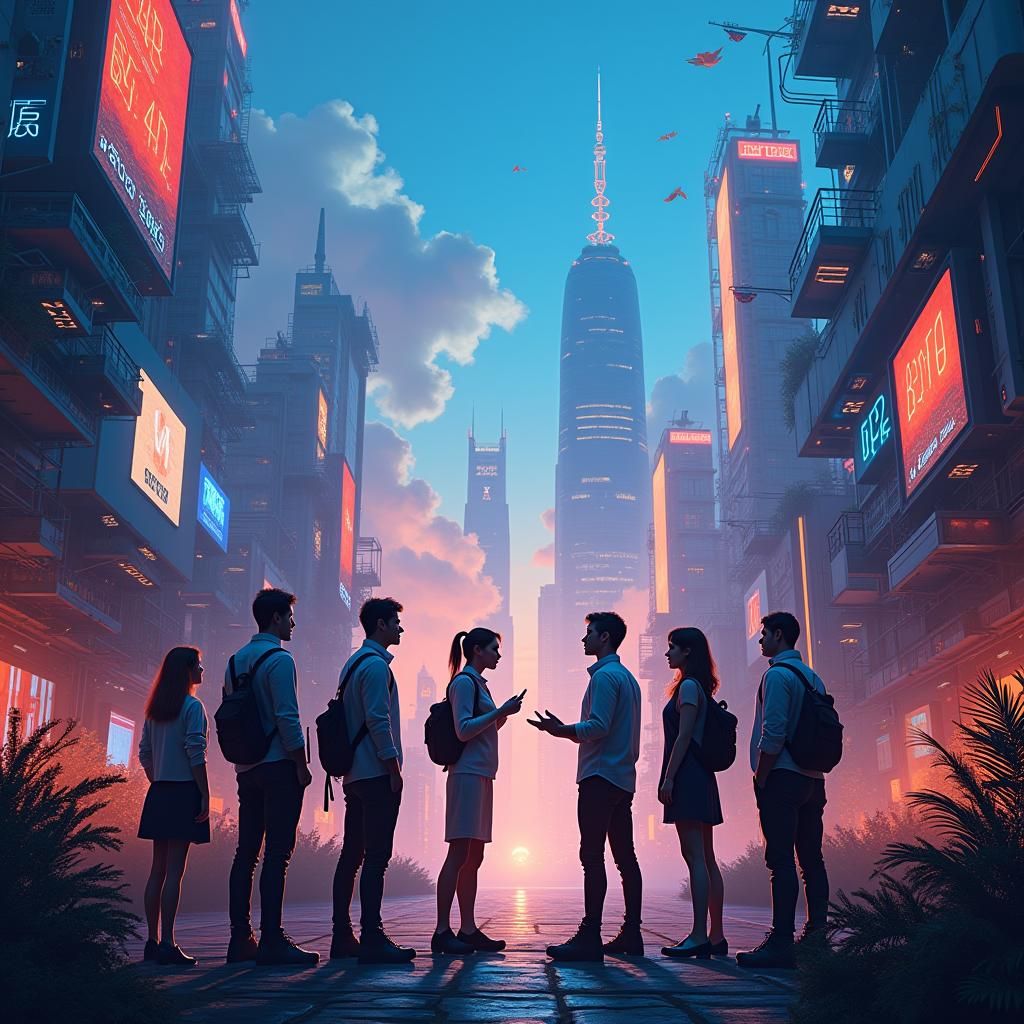Futuristic Cityscape: Tech Workers in Neon Dream