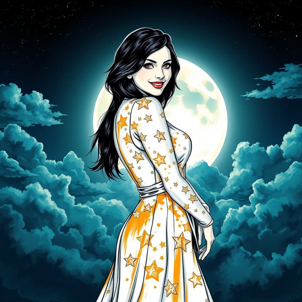Glamorous Woman Poses Under Full Moon in Starry Gown