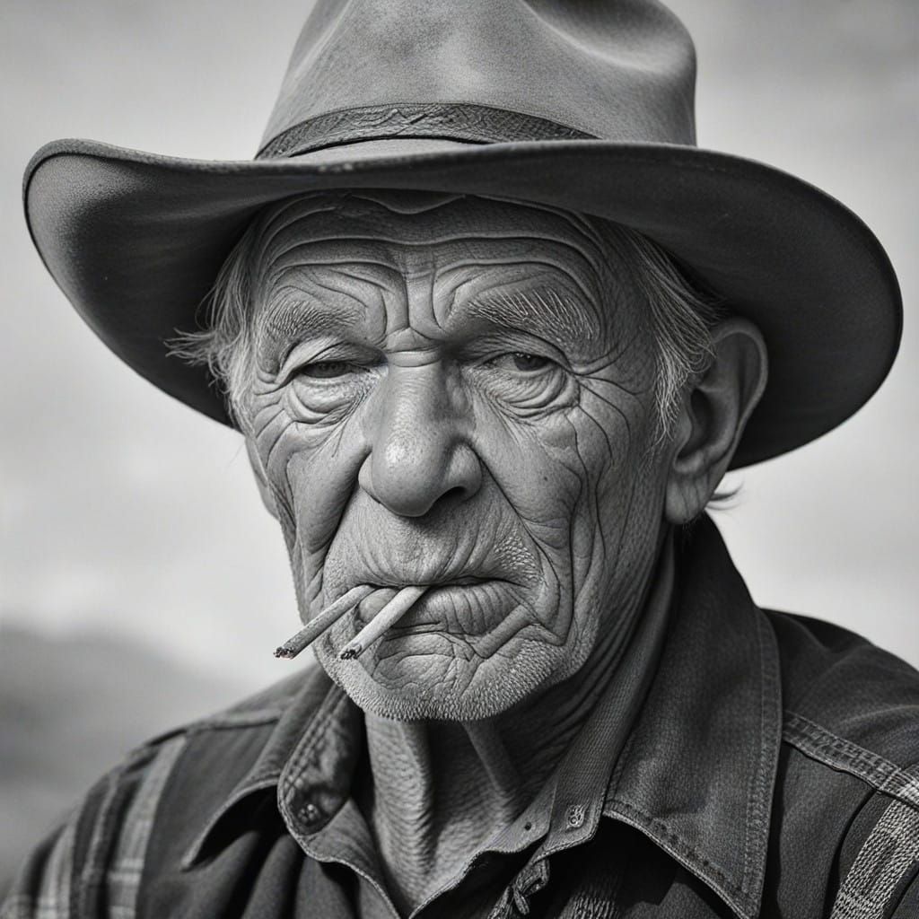 Weathered Cowboy in Charcoal Drawing