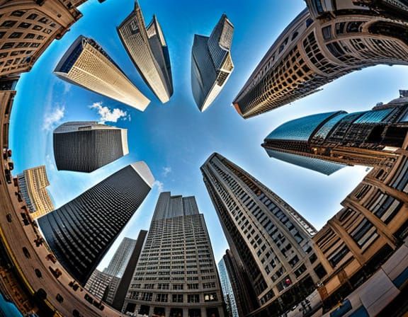 Chicago Skyscrapers Fisheye Lens View: Hyperrealistic Image