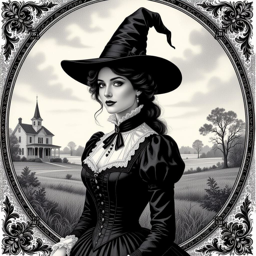Victorian Witch Portrait in Louisiana Landscape, Pencil Draw...
