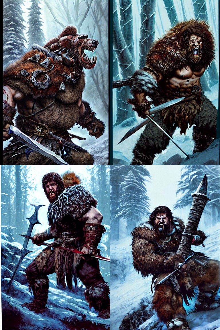 Blue-Skinned Barbarian in Snowy Forest