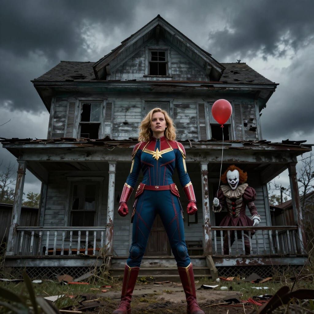 Captain Marvel Confronts Pennywise at Haunted House