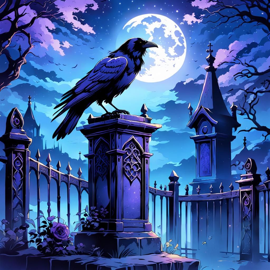 Anime Raven Perched on Gothic Gatepost