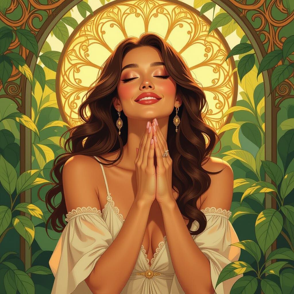 Grateful Woman in Golden Light, Art Nouveau Style