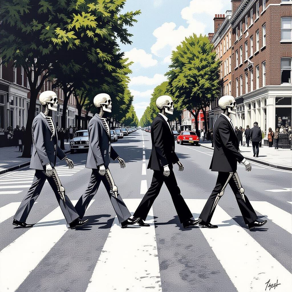 The Beatles Skeletons Cross Abbey Road in Charcoal Style