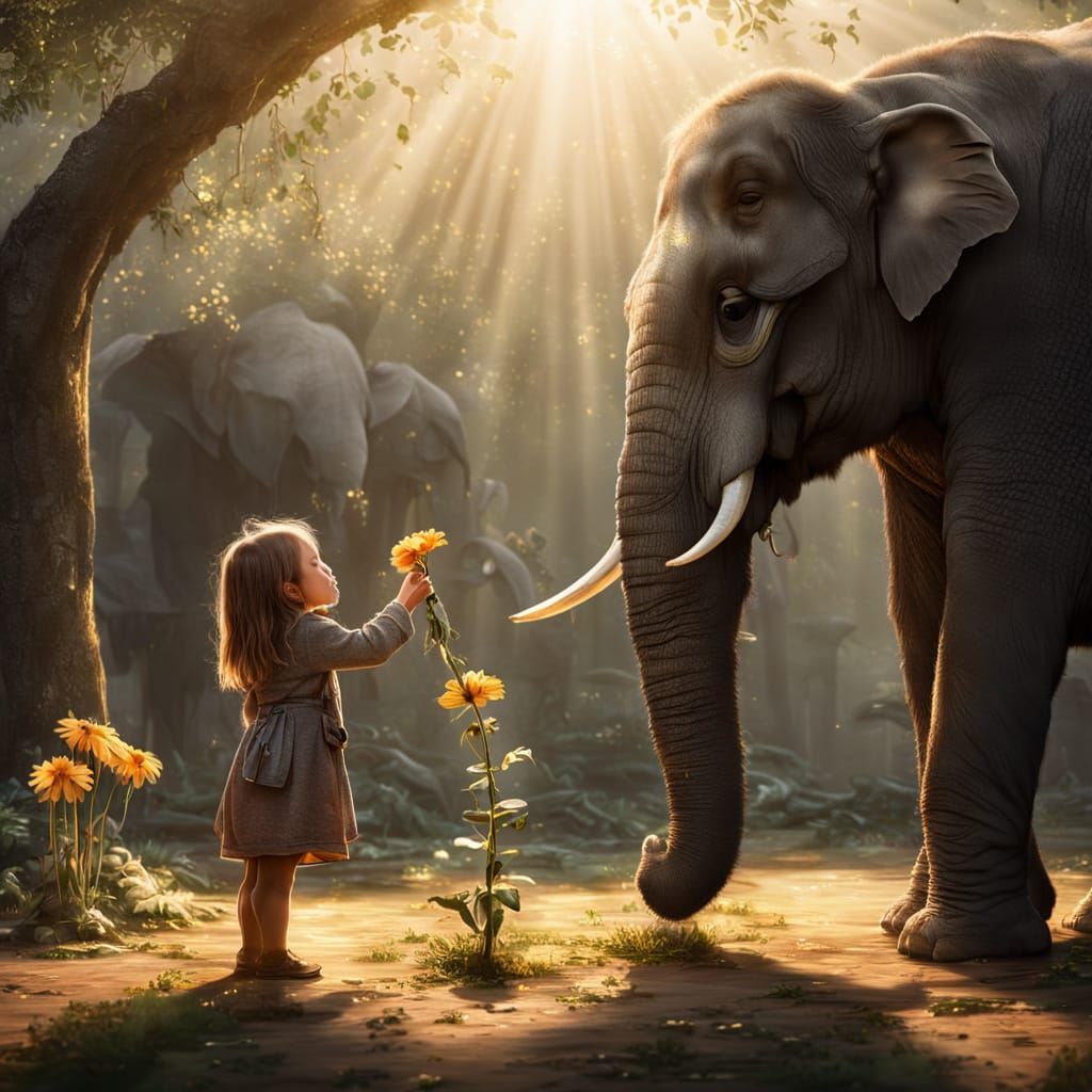 Giant Elephant and Tiny Girl Friendship in Golden Light