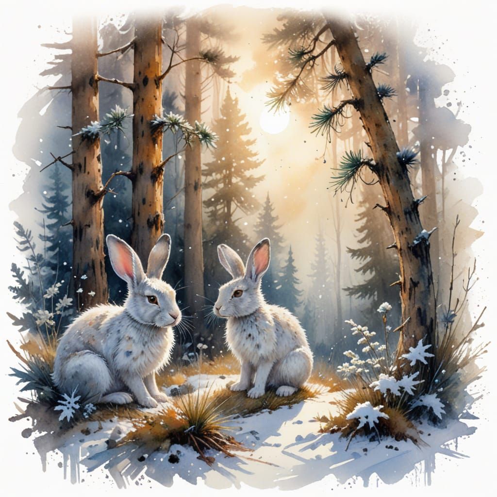 Snowshoe Hare in Winter Moonlit Forest: Watercolor Art