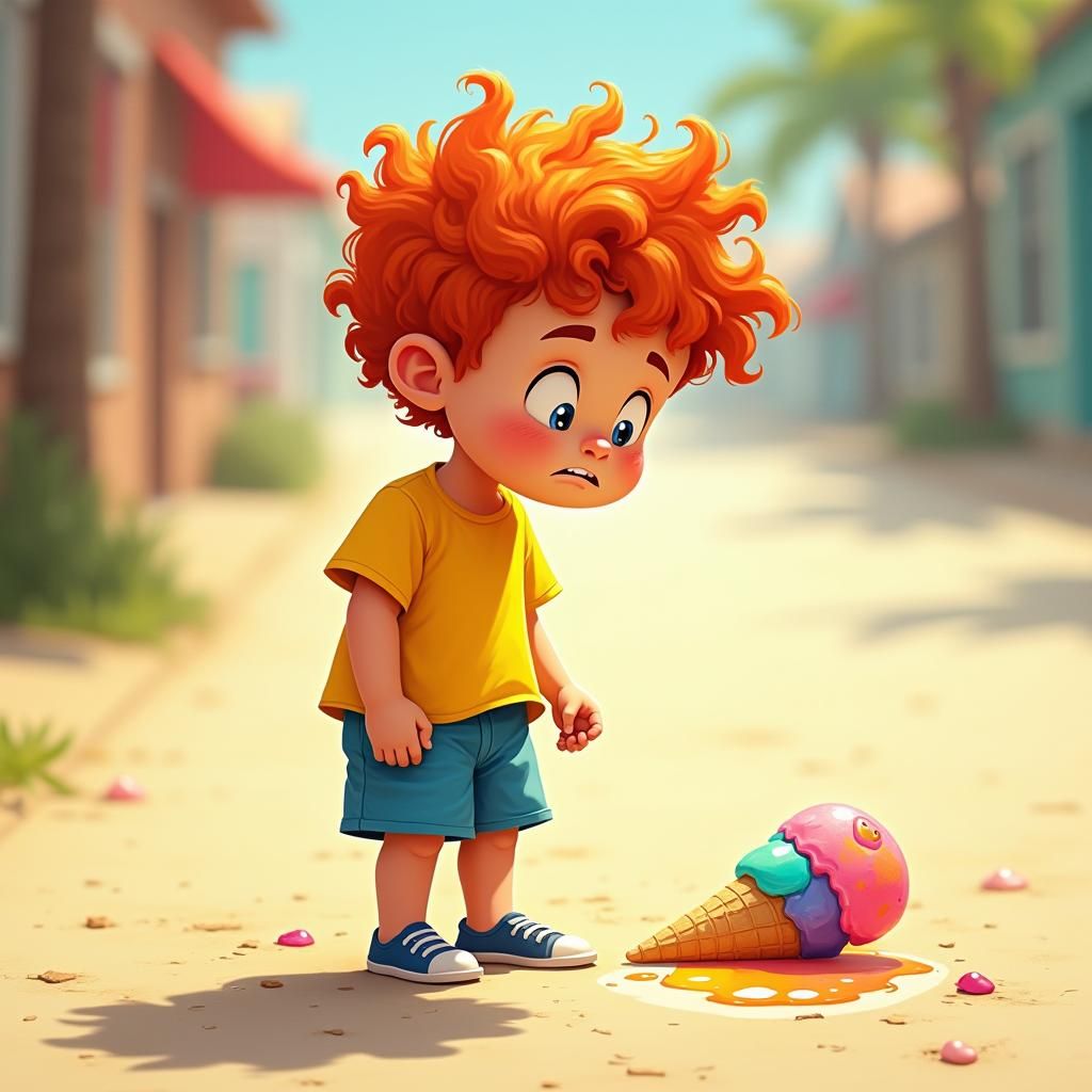 Boy's Disappointment: Ice Cream Meltdown in Digital Art