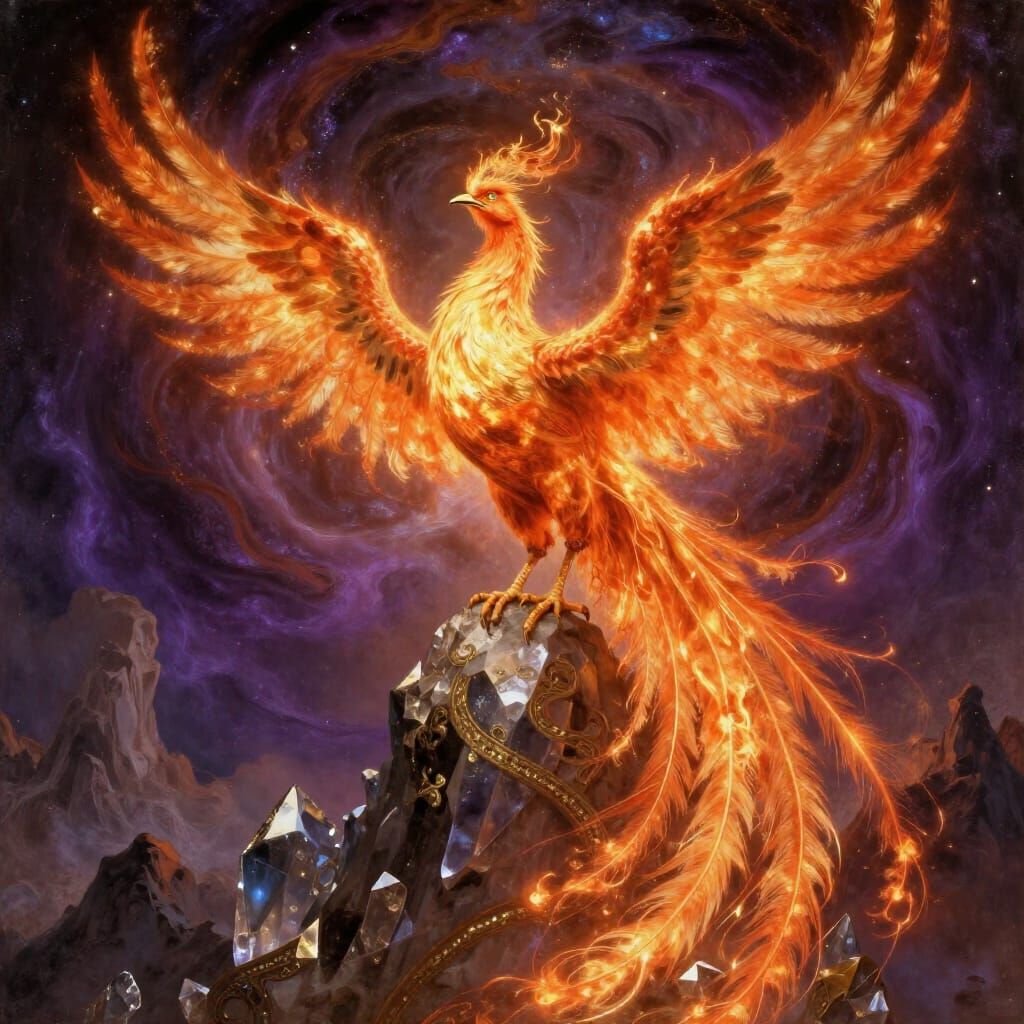 Phoenix on Crystal Mountain in Baroque Oil Painting Style