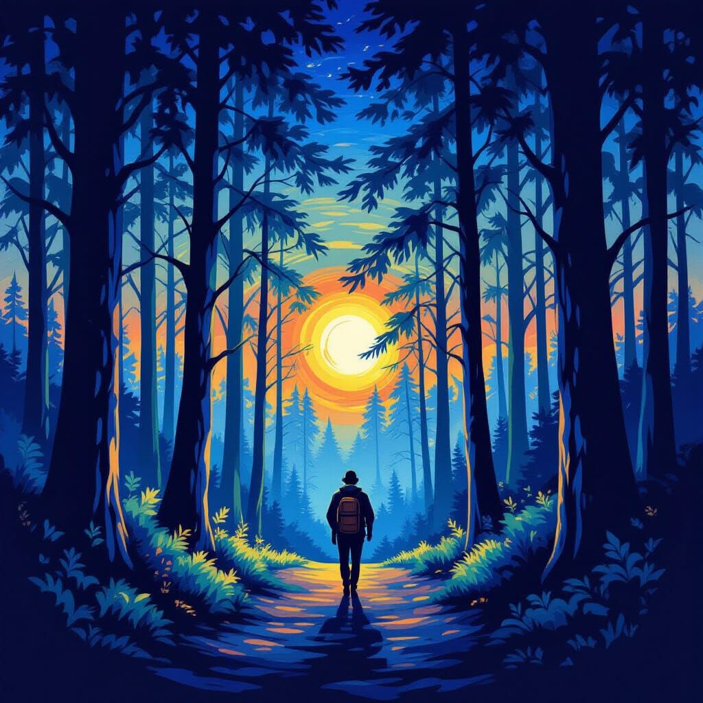 Explorer in a Night Forest Oil Painting T-Shirt Design