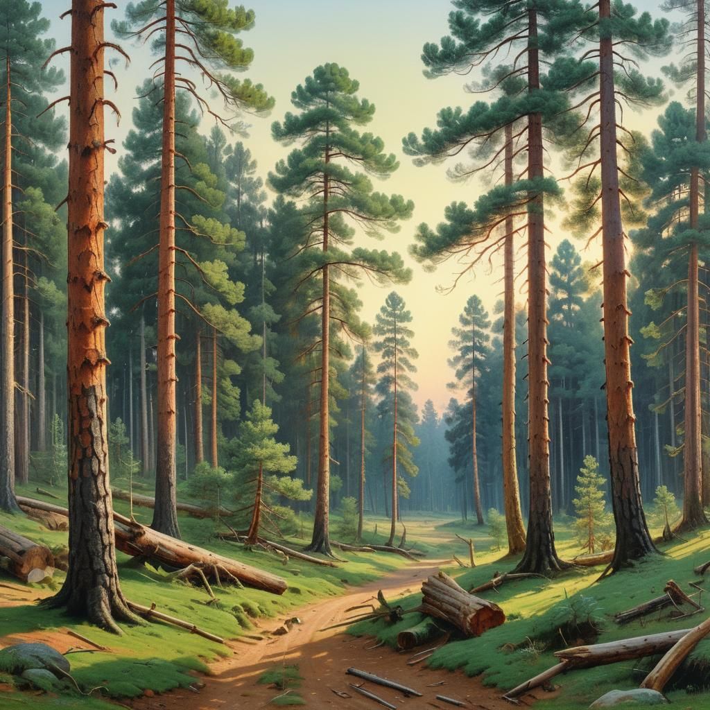 Pine Forest Painting in Realistic Style