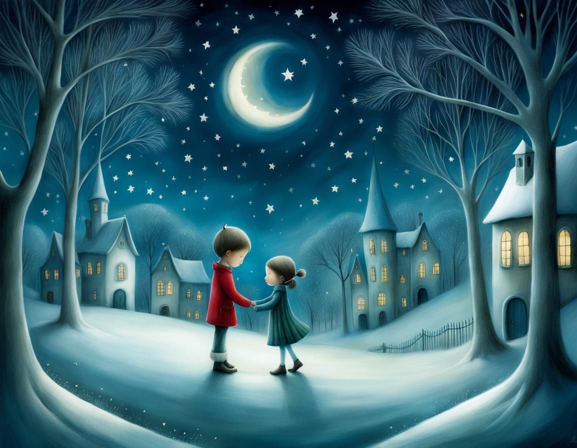 Whimsical Magical Illustration of a Quiet Night Scene