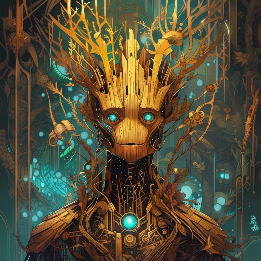 Cybernetic Steampunk Groot with Luminous Colors
