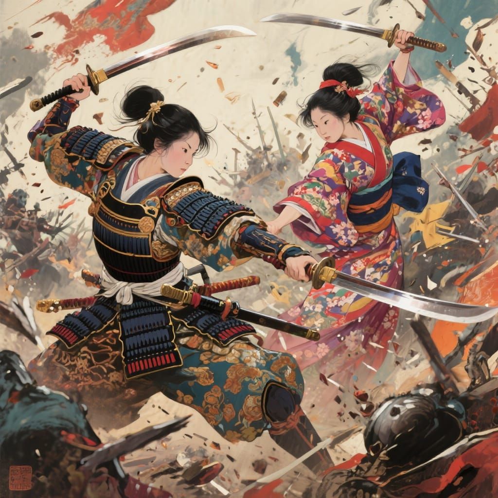 Female Samurai Warriors in Nihonga Style Battle