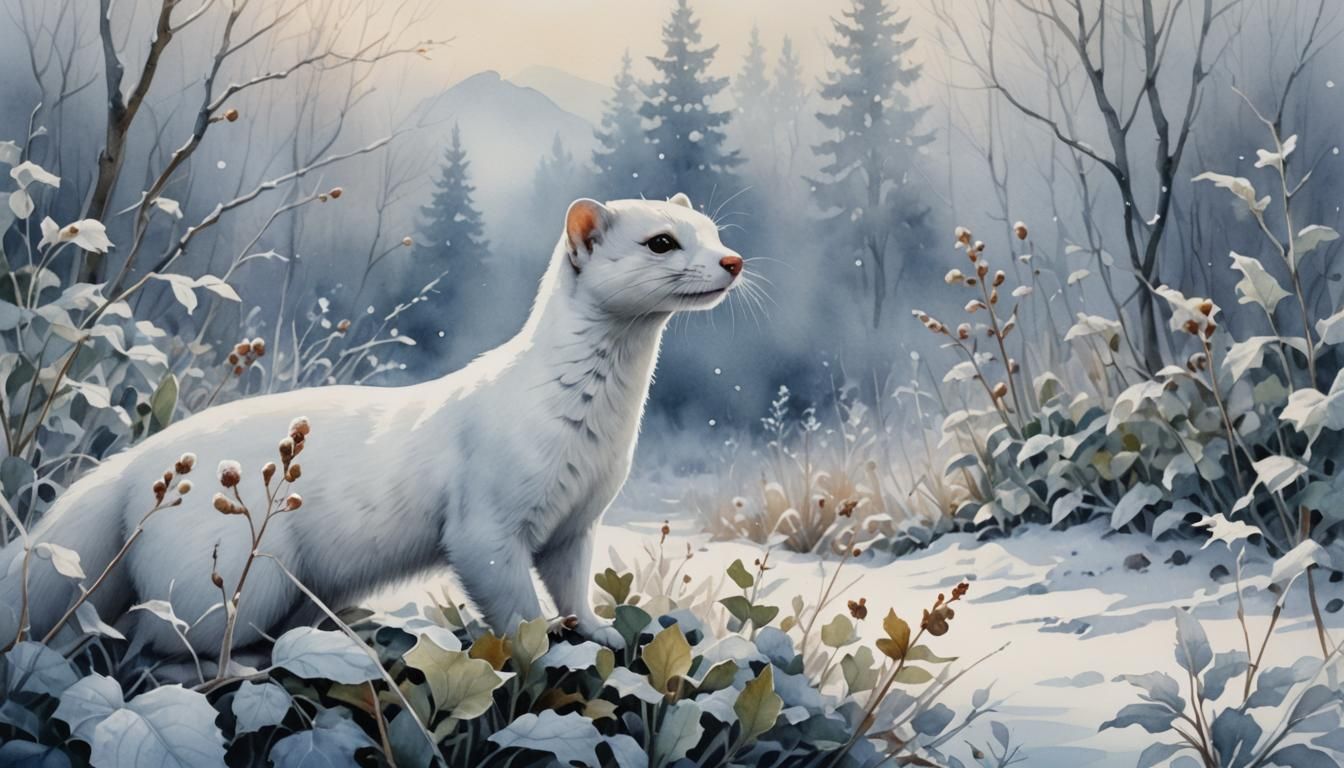 White Weasel in Winter Landscape, Watercolor Painting
