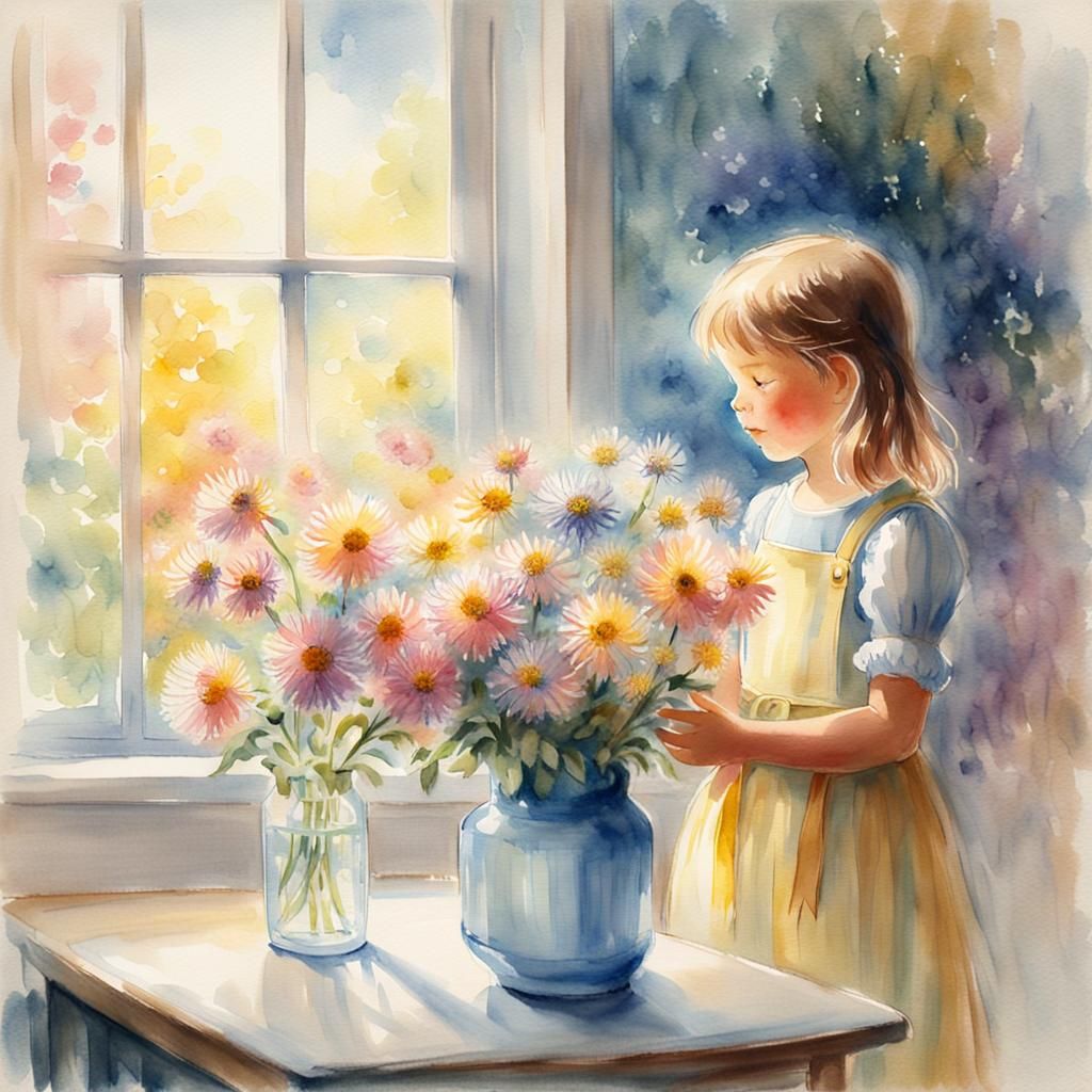 Girl and Asters: Romantic Watercolor Painting