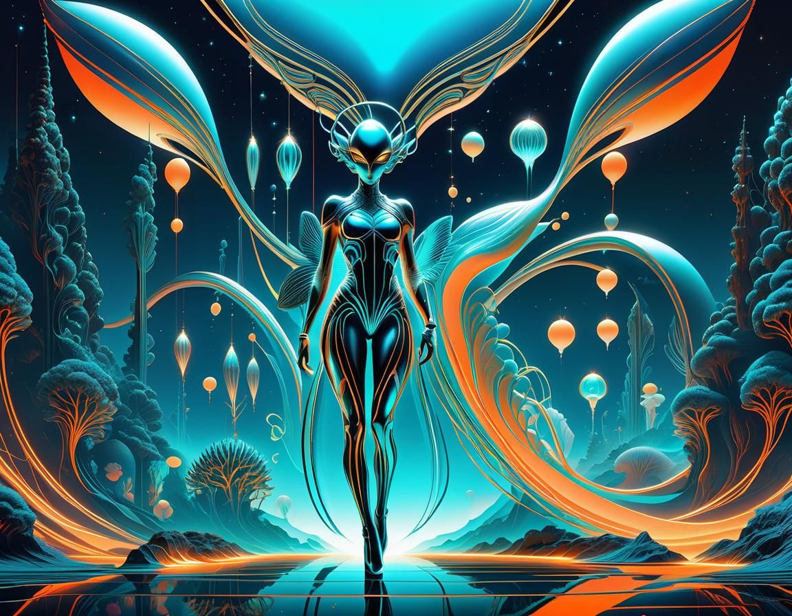 Bioluminescent Alien Exploring Misty Planet in Futuristic St...