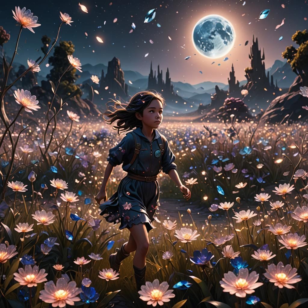 Girl in Crystal Flower Field on Dark Planet