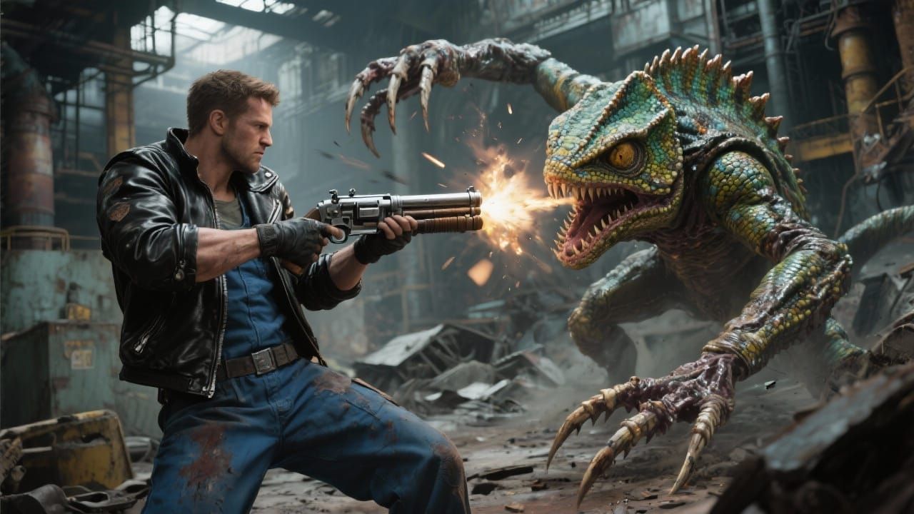 Vault Dweller Fights Giant Deathclaw in Fallout Ruins