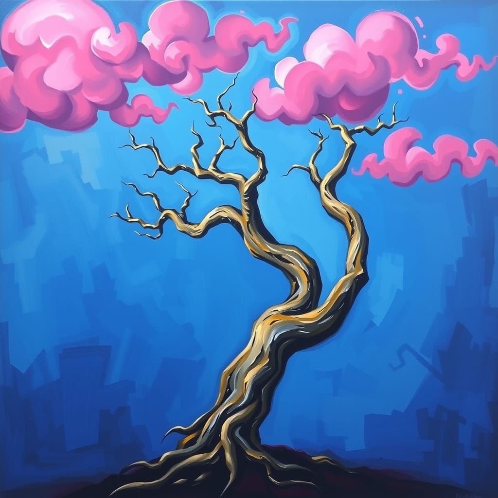 Surreal Landscape with Twisted Tree in Ultramarine and Fuchs...