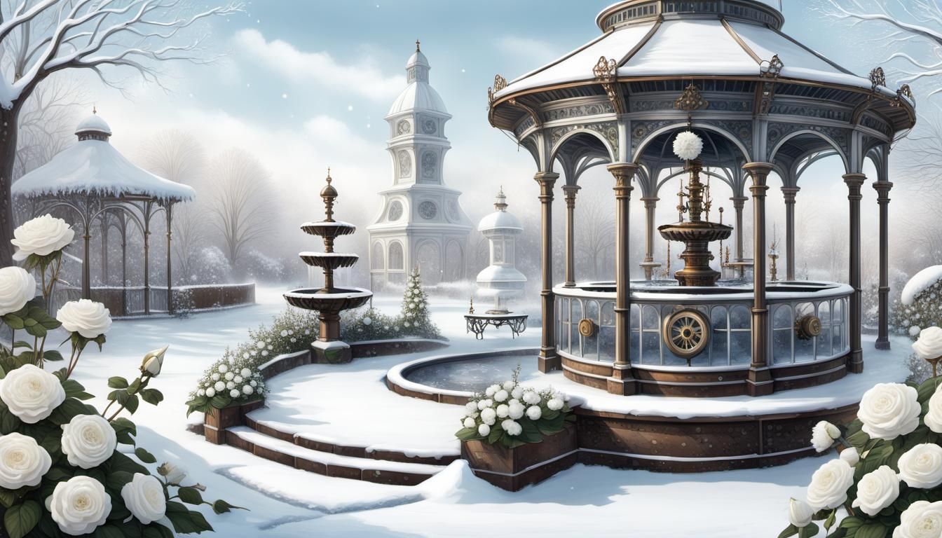 Steampunk Mechanical Winter Garden Illustration