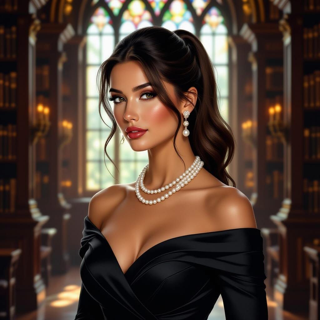 Elegant Woman in Library: Oil Painting Style