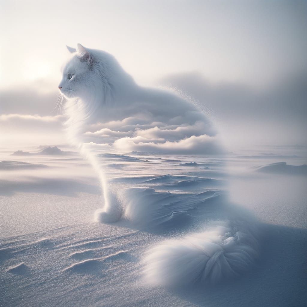 Ethereal White Cat Drifting Through Snowy Landscape