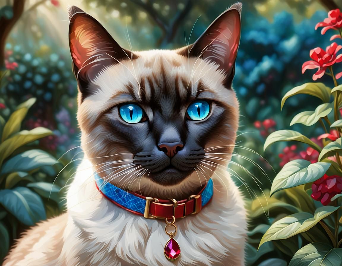 Siamese Cat in Garden: Hyper-Realistic Fantasy Art