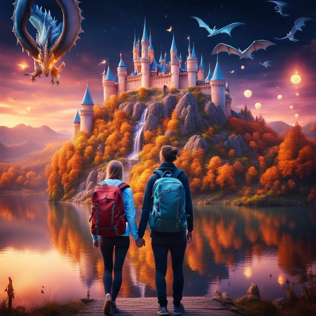 Couple Enters Fantasy Land with Dragons and Castles